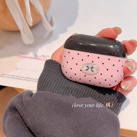 Airpods 4ケース 水玉模様 パールリボンキーチェーン Airpods3/Pro2ケース airpodspro2カバー ピンク 女子力高い 大人可愛い[M5215]
