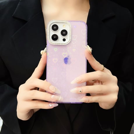 光るハート柄 iPhone15Pro/15Plusケース 女子力アップ iPhone14/13Pro/12カバー 綺麗 夏ファッション[M4439]