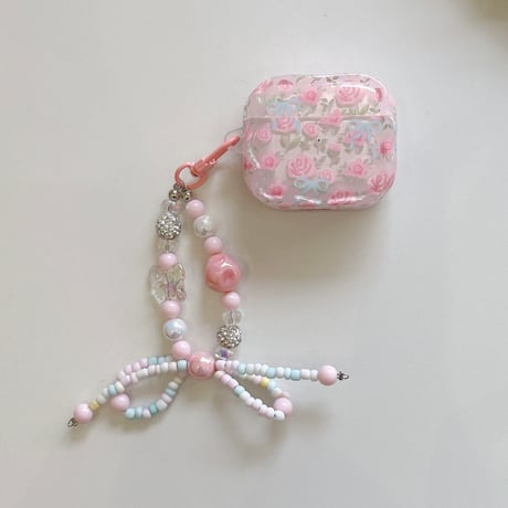 ピンク花柄 Airpods 4ケース リボンキーチェーン付 Airpods3/Pro2ケース airpodsproカバー  大人可愛い ガーリーファッション [M5258]