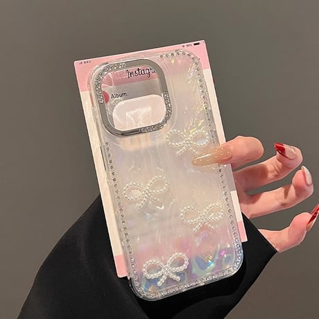 パールリボン iPhone16pro/16ケース ジュエリー シェル風 iphone15pro/14/13/12proカバー  ストラップ 綺麗 可愛い[M5105]