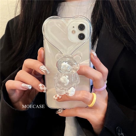 熊グリップ ハート型 iphone13/12promaxケース 透明iphone11/xsmaxカバー  スタンド・リング一体型  オシャレ キラキラ プレゼントにおすすめM1317