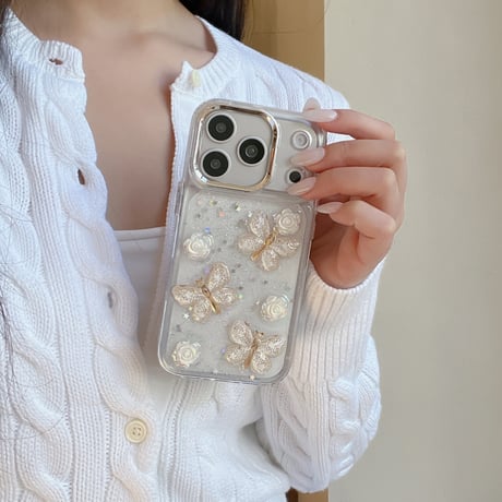 蝶々デコ iphone17Pro/17ケース きれい花  キラキララメ iPhone16Pro/15Promax/14/14/12カバー  オシャレ 女子力高い[M5928]