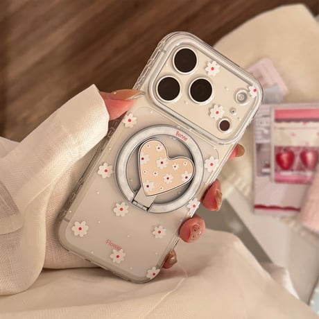 MagSafe対応 花柄 iPhone17Pro/17ケース マグネット式ミラーリングスタンド付 iPhone17ProMax/16Pro/15カバー 女子力アップ [M6177]