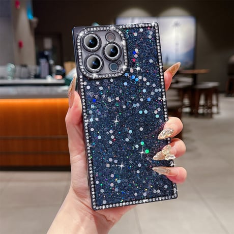 キラキラスクエア iPhone16/16Proケース ジュエリー/ラメ iPhone15promax/14/13Proカバー 四角 おしゃれ カメラ保護[M5468]