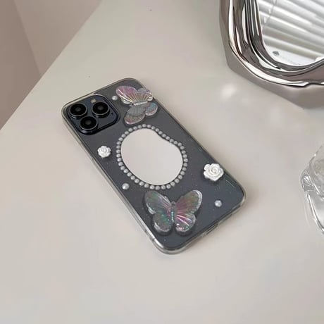 パール鏡付 iPhone15/15proケース  蝶/花 iPhone14pro/13mini/12proカバー 透明 綺麗 女子力アップ[M3990]