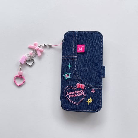 デニム手帳型 iphone14/13proケース 刺繡入り アイフォン12/11カバー シック 女子力アップ ハートアクセサリー付[M3378]