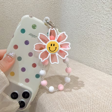 笑顔の花 スマホストラップ キラキラ感 お洒落 バックチャーム キーホルダー iPhone、Xperia、AQUOS、Xiaomi、Galaxy 対応 [M6497]