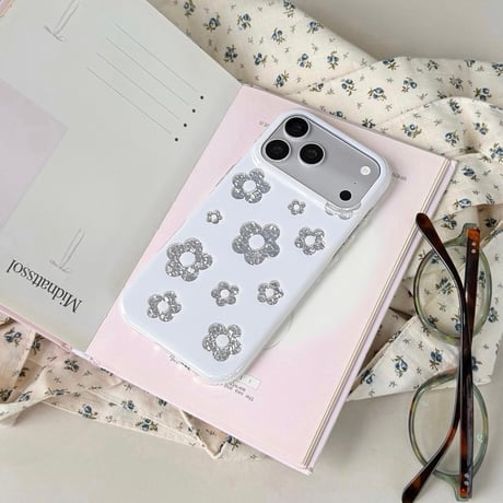 シェル風花柄 iPhone17Pro/17ケース パールストラップ iPhone16Pro/15/14ケース 上品 甘めコーデ 光沢感[M6435]