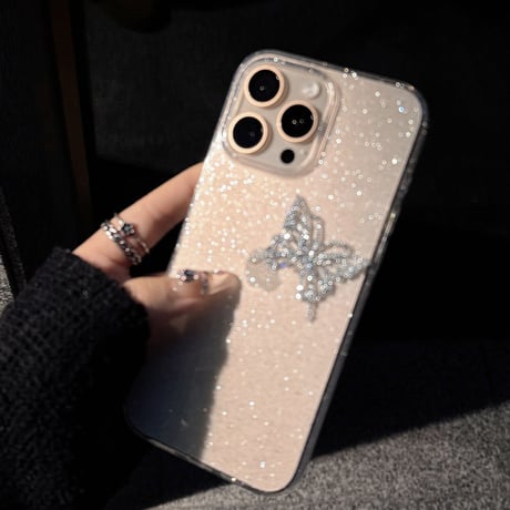 ジュエリー蝶 iPhone16pro/15promaxケース キラキララメ iPhone14/13pro/12カバー 大人可愛い 高級感[M5237]