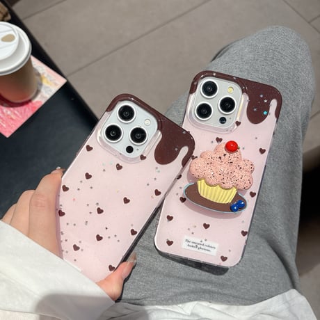 韓国風 iPhone16pro/16ケース ハート柄 ケーキグリップ iphone15pro/14/13proカバー 可愛い  夏人気品[M5402]