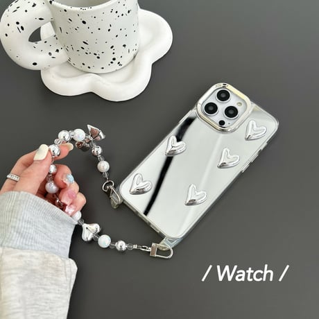 ストラップ付 ミラーiPhone15pro/15promaxケース ハートデコ iphone14/13/12proカバー パール 女子力アップ[M4167]