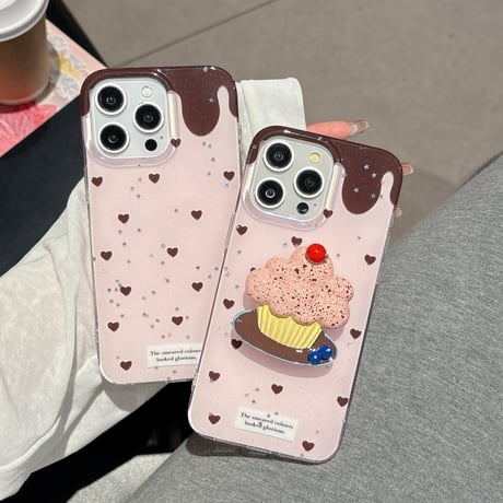 韓国風 iPhone16pro/16ケース ハート柄 ケーキグリップ iphone15pro/14/13proカバー 可愛い  夏人気品[M5402]