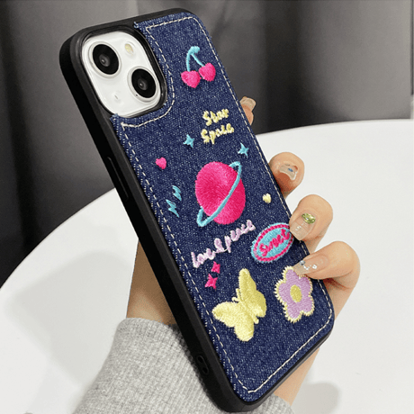 刺繡 星 花 iPhone14/14proカバー  デニム素材  アイフォン13/12/11ケース  可愛い 高品質  高級感  [M2250]