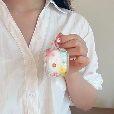 ラメ花 Airpods Pro3ケース 花/ハートキーホルダー Airpods4/3カバー pro2/pro1 うねうね ギフトにおすすめ[M6414]