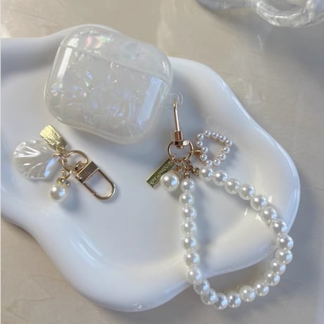 シェル Airpods4 カバー 光沢感 上品 airpodspro2ケース  パールストラップ/貝殻アクセサリー付  エアーポッズ3/pro1カバー  オシャレ 高級感[M4924]