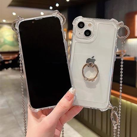 リング/ショルダーチェーン付 アイフォン15/15プロケース 四角耐衝撃 iPhone14pro/13/12カバー シンプル 多機能 [M4297]