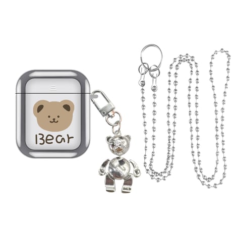 【Airpods 4】クマさん Airpodspro2ケース Bear airpods3/2ケース  銀色 同系小物とチェーン付き 可愛いM279