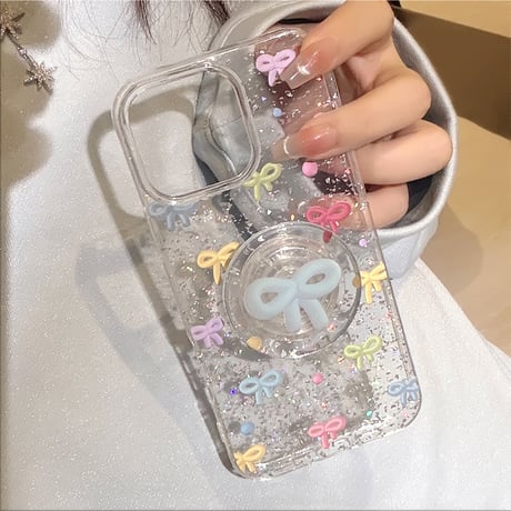 大人可愛い iPhone16/16proケース リボン グリップ付き iPhone14/13pro/12proカバー ラメ入り キラキラ[M5164]