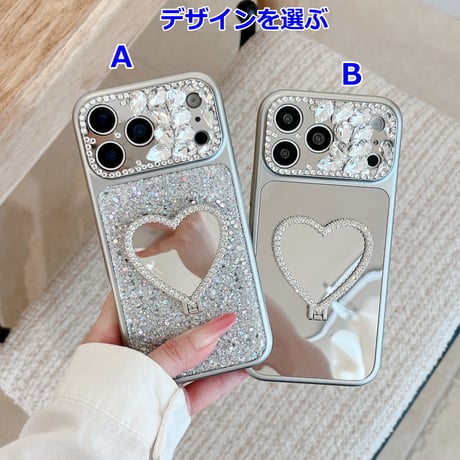 ハート型ミラーリングスタンド iPhone17Pro/17ケース ダイヤデコ iPhone16Pro/15/14ケース キラキラ感 可愛い 美しい[M6267]