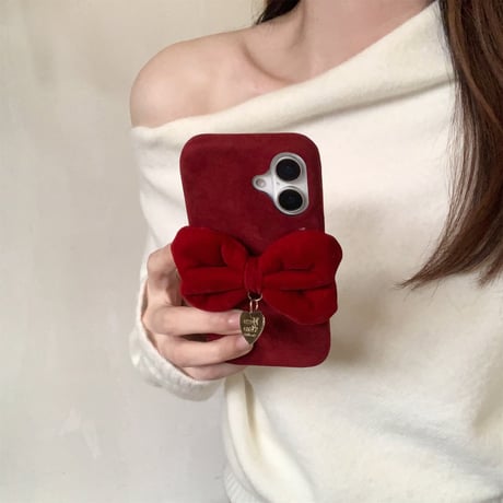 リボン iphone16Pro/15ケース ワインレッド パイル織物 iPhone14pro/13/12/11カバー  秋冬アイテム 女子力UP 頑丈[M4890]