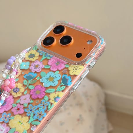 カラー花 iPhone17pro/17ケース キラキラ感 iPhone16promax/15proケース 花ストラップ 女子力高い[M6214]