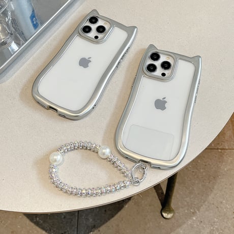 猫の耳 iPhone15pro/15promaxケース ストラップ付 アイフォン14プロ/13pro/12promaxカバー 黄ばまない 可愛い[M4309]