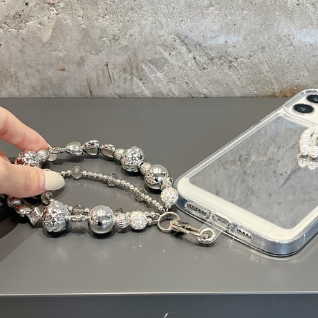 パールハート 鏡 iPhone15pro/15plusケース ストラップ付 iPhone14pro/13/12proカバー おしゃれ 女子力アップ[M4209]