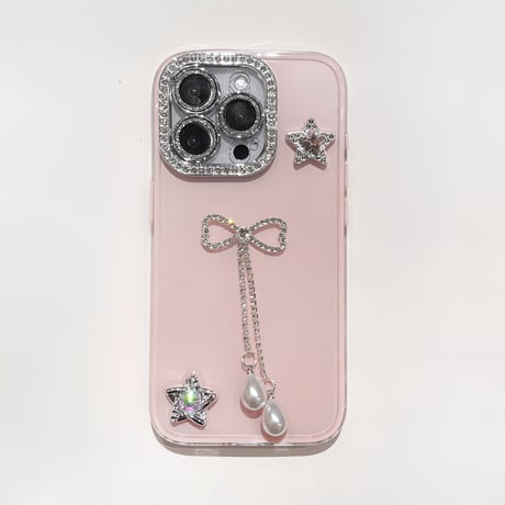 ジュエリーリボンフリンジ iPhone16Pro/15/14ケース キラキラレンズカバー iPhone13pro/12カバー ハンドメイド 大人可愛い [M5193]