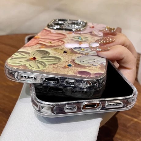 かわいい iPhone16/15pro/15promaxケース 花柄 レンズ保護 キラキラ光る 綺麗iphone14/13/12proカバー [M3533]