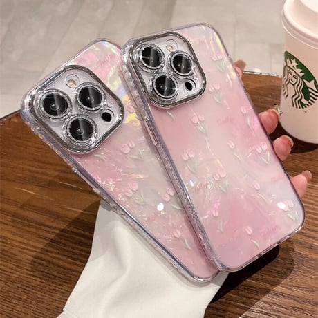 ピンク iPhone15/15proケース シェル風 チューリップ キラキラレンズフィルム付 iPhone14/13/12 [M3512]