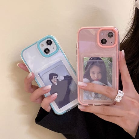 【iPhone15対応】カラー枠カード入れ付 iphone14/13promaxカバー  写真/メモ収納クリアアイフォン11/12miniケース  耐衝撃  頑丈 シンプル   M1094