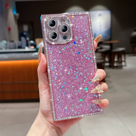 キラキラスクエア iPhone16/16Proケース ジュエリー/ラメ iPhone15promax/14/13Proカバー 四角 おしゃれ カメラ保護[M5468]