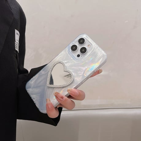 オシャレ鏡付 iPhone15/15Proケース キラキラ iPhone14Pro/13/12ケース ホワイト 女子に人気 [M3758]