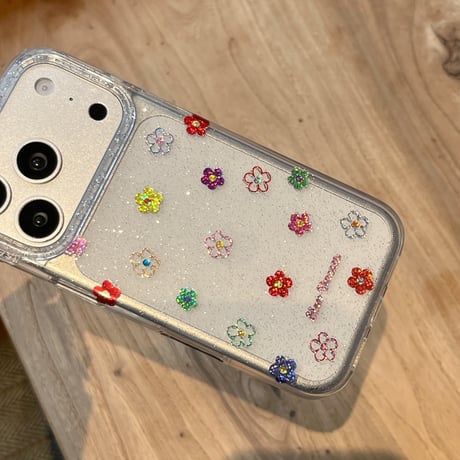 カラー花 iPhone17Pro/17ケース キラキララメ  iPhone17ProMax/16Pro/15カバー 透明感 かわいい[M6225]