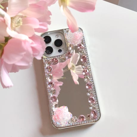 ミラー iPhone16e/16proケース 蝶/花デコ ダイヤ/パール iPhone15promax/14/13カバー おしゃれ シック 女子力高い [M5281]