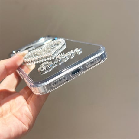 パールハート ミラー iPhone17Pro/17ケース ジュエリーデコ iPhone16Pro/15Pro/14カバー 綺麗 ストラップ オシャレ [M6027]