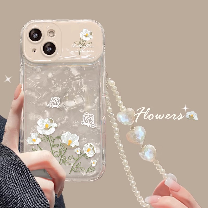鏡カメラカバー付 iPhone15Pro/16ケース 花柄 ストラップ付き