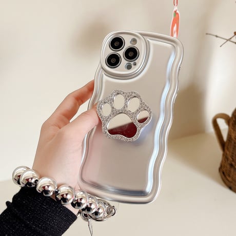 猫の手ミラーグリップ iPhone14/13proケース シルバーストラップ付 iPhone12pro/11/XSカバー 波紋枠 オシャレ スタンド 多機能[M2801]