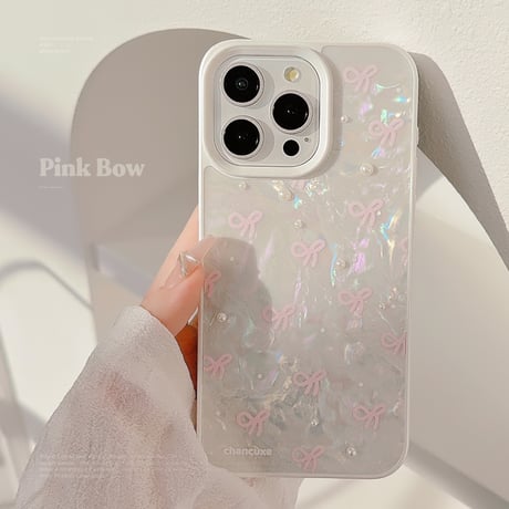 シェル風 iPhone15/15proケース パールリボン柄 iPhone14/13pro/12カバー ストラップ付 女子力アップ[M4524]