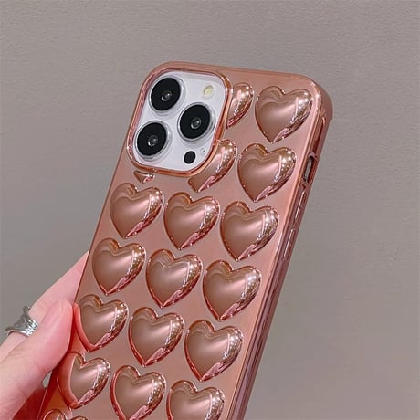 立体ハート iPhone16/16Proケース おしゃれ ローズゴールド/シルバー iPhone15Pro/14/13Proカバー 女子力高い  [M4598]