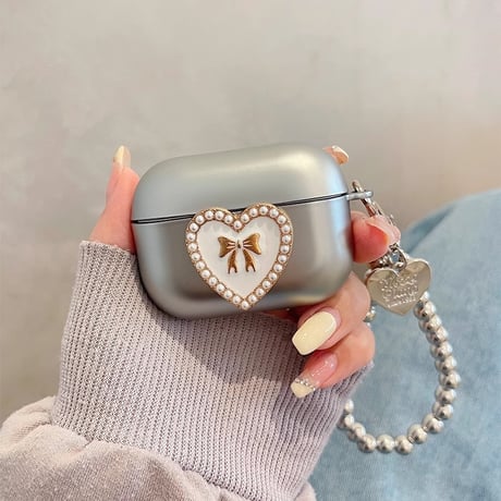 パープルリボン Airpods 4ケース エアーポッズ3/2 金属ビーズストラップ AirpodsPro2/1カバー エレガント めっちゃ可愛い[M4737]