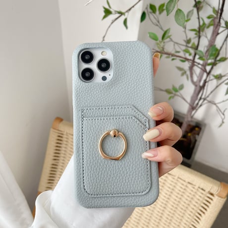 カード入れ2個 アイフォン14pro/14plusカバー リング付き iPhone13mini/12/11proケース レザー製 ハードケース  シンプル 実用 [M2545]
