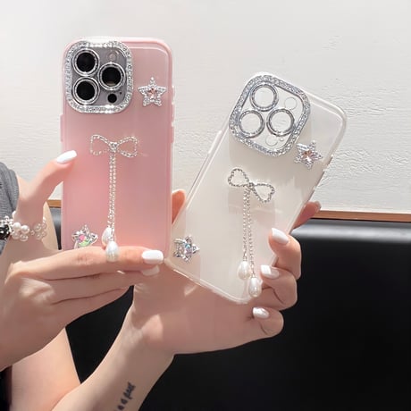 ジュエリーリボンフリンジ iPhone16Pro/15/14ケース キラキラレンズカバー iPhone13pro/12カバー ハンドメイド 大人可愛い [M5193]