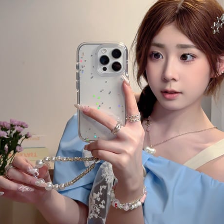 ハートグリッター iPhone16pro/16ケース  高透明 パールストラップ iPhone15pro/14/13カバー  可愛い 高級感たっぷり[M5219]