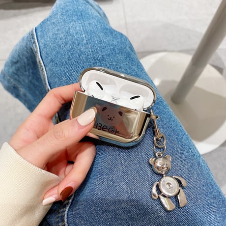 【Airpods 4】クマさん Airpodspro2ケース Bear airpods3/2ケース  銀色 同系小物とチェーン付き 可愛いM279