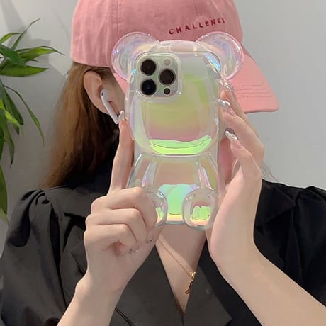 光る熊ちゃん iPhone14pro/14ケース レーザー色 アイフォン13/12proカバー 艶感 かわいい お洒落[M3355]