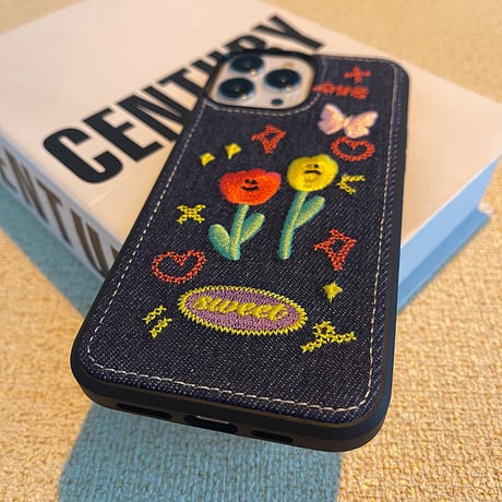 デニム 草花柄 アイフォン14plus/14proケース  刺繡  iphone13/12/11カバー  高品質  高級感 ガールズに人気 [M2248]