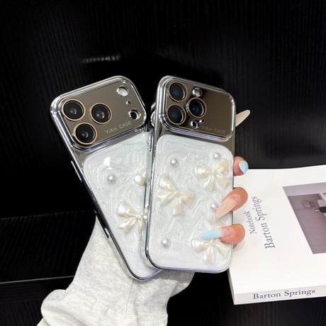 メッキミラー iPhone17Pro/17ケース リボンと真珠 iPhone16Pro/15Pro/14ケース 丈夫 人気デザイン[M6484]