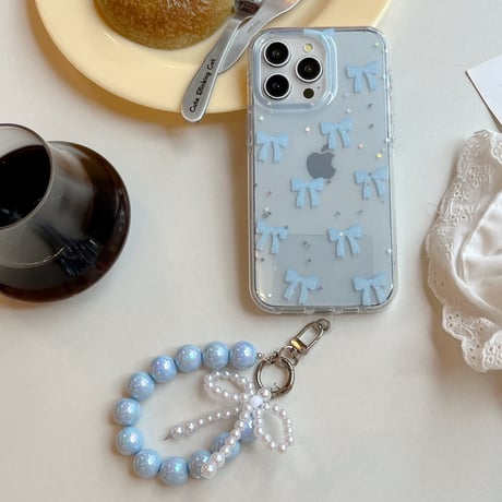 リボン柄 アイフォン16/16proケース キラキラバックチャーム付 iPhone15pro/14/13proカバー オシャレ お買い得 [M5469]