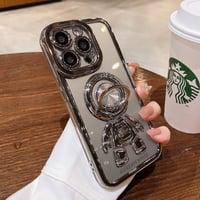宇宙飛行士リング付 iPhone15/14proケース メッキクリアアイフォン13/12/11proカバー スタンド 便利 艶あり セレブ愛用 [M2637]